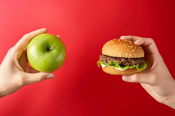 One hand holding green apple, other holding hamburger, healthy vs unhealthy food choice, red background with copy space