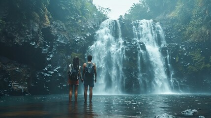 Obraz premium couple looking at the gorgeous waterfall