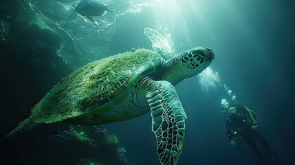 Fototapeta premium Green Sea Turtle and Scuba Diver