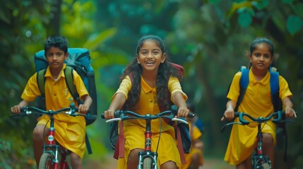 Three School Indian Children in Uniform, Smiling Joyfully While Riding Their Bicycles on a Sunny Day