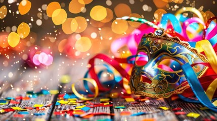 Fototapeta premium Colorful venetian carnival background with copy space and vibrant carnival attributes