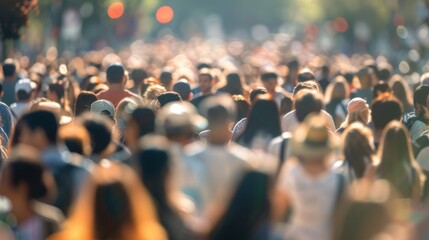 Blurred motion of large diverse crowd of people walking on busy city street