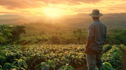Fototapeta premium farmer working on coffee field at sunset