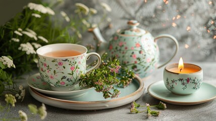 Fototapeta premium Delicate floral teapot and cup with candle on plate