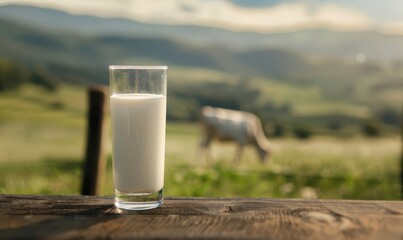 A glass of milk is on a wooden table in front of a cow. Free copy space for banner.