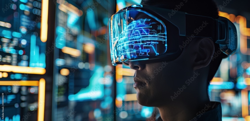Aufkleber man wearing virtual reality headset in front of computer screens