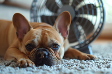 Dog lying in front of fan on living room floor during summer heat. Cute french bulldog suffering from heat stroke at home