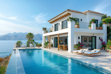 Fototapeta premium white villa with pool and terrace overlooking the sea in greece, summer vacation concept, panoramic view of cozy home exterior design 