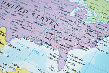 Close up to a Montgomery city with a blue pin needle into United States of America country political map 