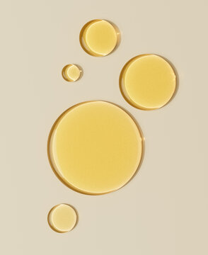 Serum oil sample round shape drops on beige background, 3d rendering vitamin, hyaluronic acids