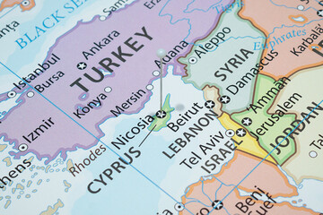 Close up to a Nicosia city with a white pin needle into Cyprus country political map 