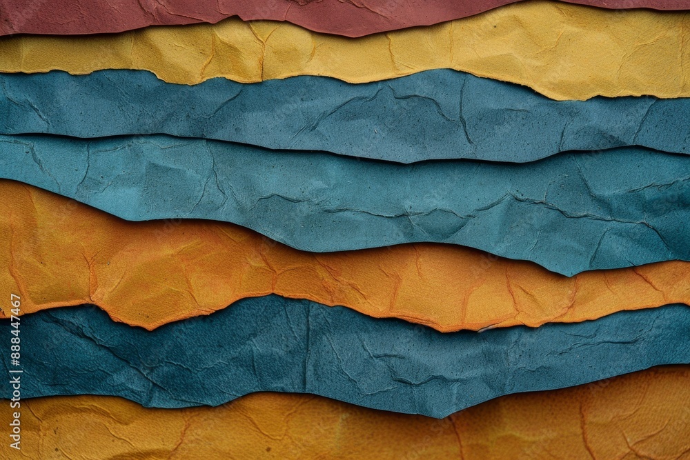Poster abstract background made with multiple layers of wrinkled paper in blue, yellow and red, forming a w