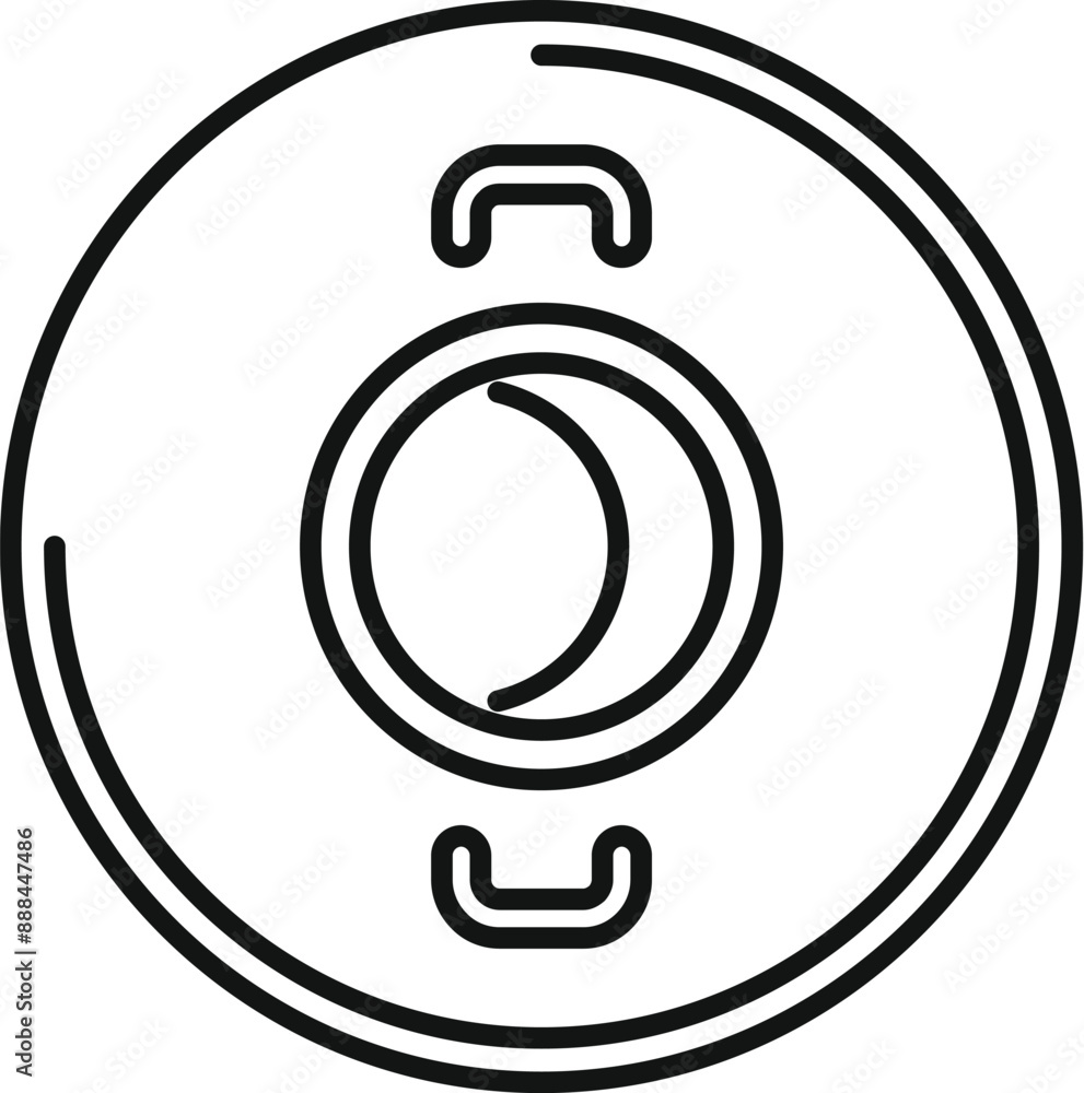 Poster simple black and white line drawing of a round button with a crescent moon shape inside