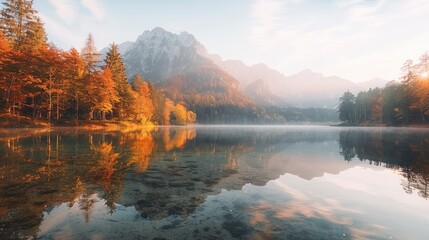 Fototapeta premium Autumnal Serenity: A Mountain Lake at Sunrise