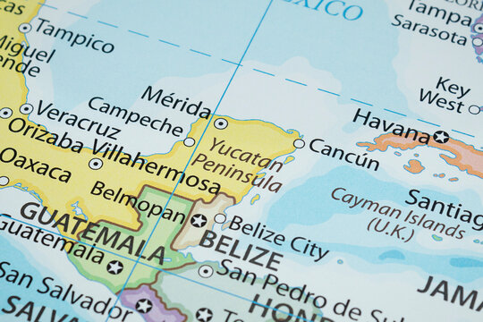 Macro photography of Yucatan Peninsula region in north america with country political map 