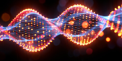 Obraz premium Abstract blue wavy particle design on dark background, concept of digital technology. 