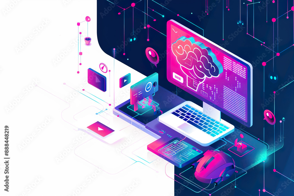 Poster a computer monitor with a brain on it, generative ai image.
