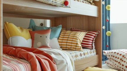 A playful kids bunk bed set with colorful bedding