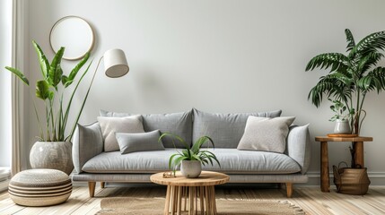 modern living room interior design with elegant gray sofa, pillows, floor, plants, wooden table, lamp, and great design tableau, 