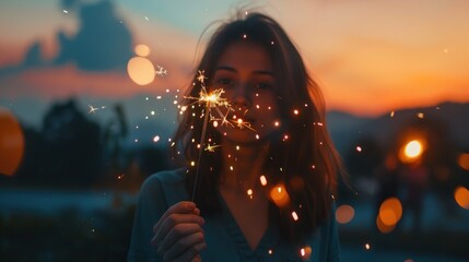 A woman holds a sparkler