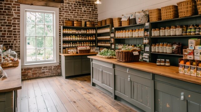 Cozy country store interior with rustic shelves, wooden floor, and various local products displayed in baskets and jars.