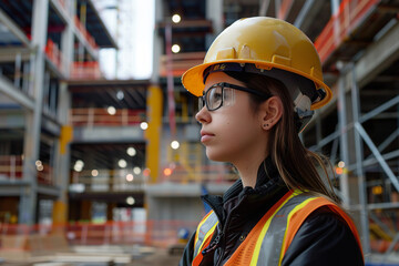 A woman wearing a yellow jacket and a hard hat,, generative ai image