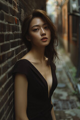 Naklejka premium A woman in a sleek black dress leans against a weathered brick wall, her gaze intense as she looks towards the camera. The alleyway behind her is bathed in a soft, diffused light.