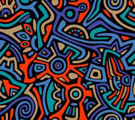 Abstract mosaic pattern in blue tones of geometric shapes drawn by hand.Seamless background.