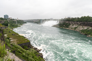 Panorama scenic view of Niagara Falls with Rainbow bridge