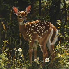 Curious Fawn in a Sunlit Forest Clearing Surrounded by Wildflowers and Tall Grass Under the Dappled Light Filtering Through the Trees