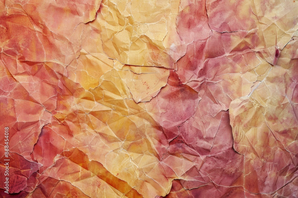 Poster close-up view of a crumpled paper texture forming an abstract background with red and yellow colors,