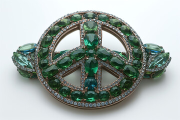Beautiful brooch with green gemstones in peace sign design, sparkling jeweled accessory, shiny crystals, elegant jewelry piece, fashion statement, luxury accessory concept