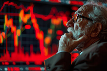 A man in a suit is looking at a stock market graph