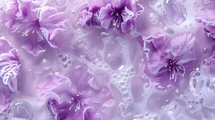 Background of frozen purple flowers in milk water