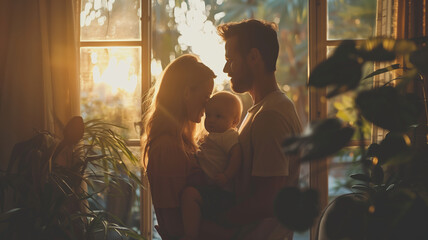 Fototapeta premium A Family's Silhouette Gazes Out at the Golden Sunset Through a Window