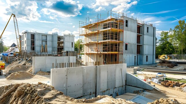 Construction site with precast concrete wall