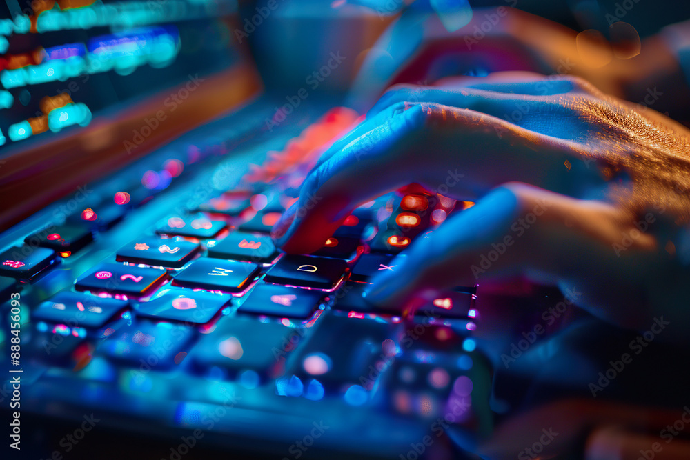Poster a person is typing on a laptop computer with a keyboard