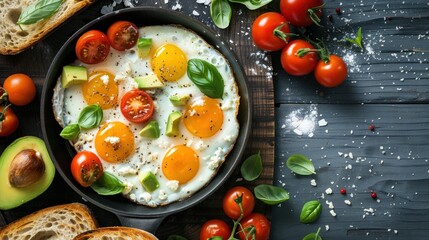 Delicious and Healthy Breakfast with Fried Eggs, Avocado, and Cherry Tomatoes