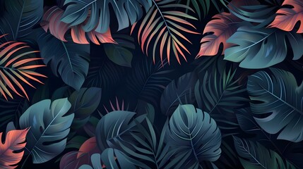 Tropical leaves seamless pattern on dark background