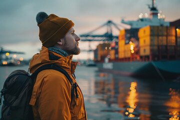Obraz premium A Lone Figure Gazes at a Cargo Ship in the Twilight Harbor