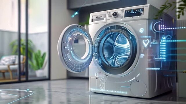 A white washing machine with a blue digital interface on the door and drum. The machine is in a modern home with a blurred background.