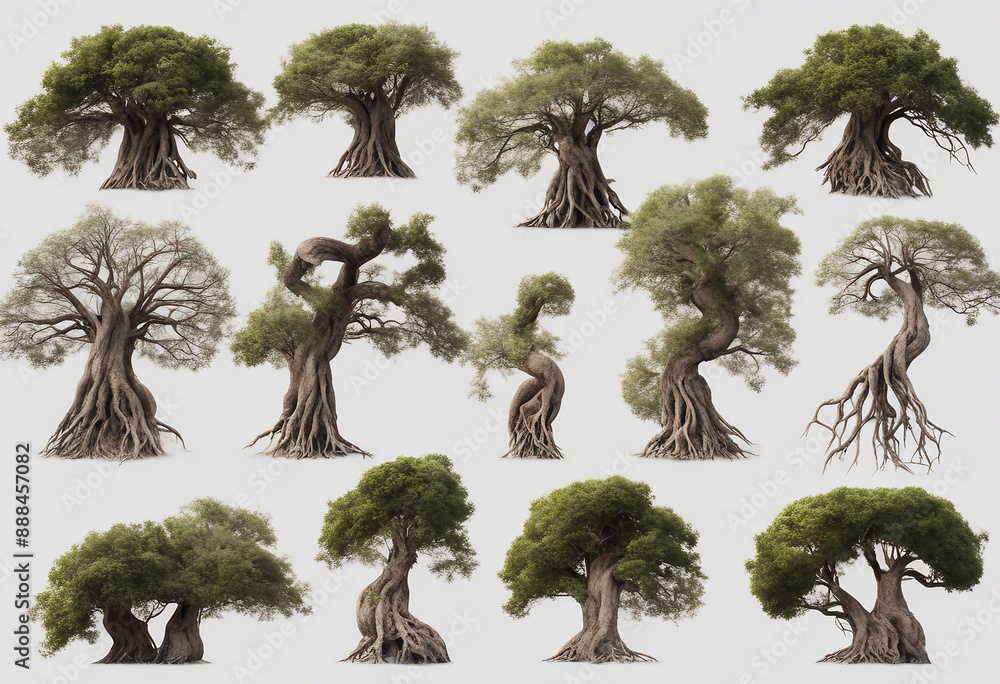 Poster collection of twisted tree roots isolated on a transparent background