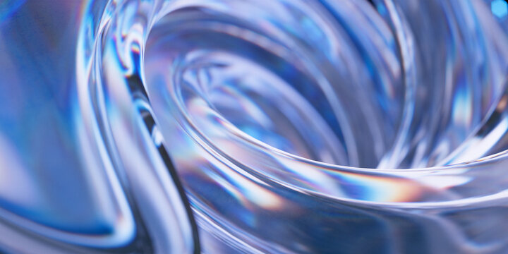 Abstract background with 3d crystal glass shape. Twisted shape with iridescent and holographic effect. 3d rendering of realistic glass with refraction and dispersion
