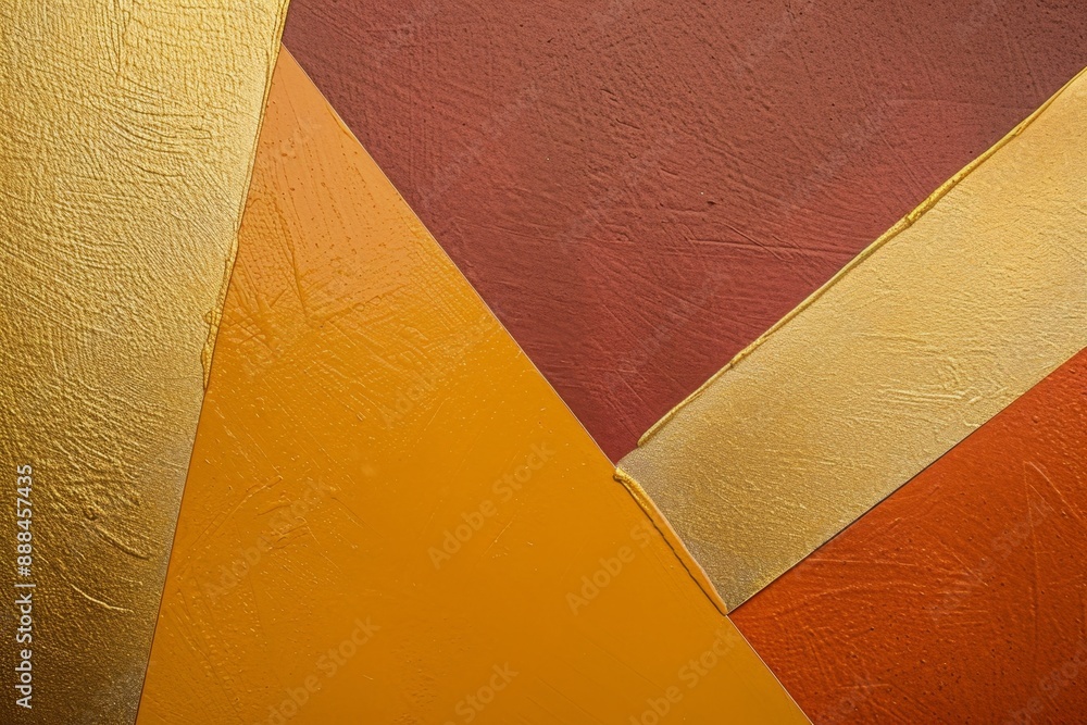 Poster geometric shapes in bright orange, gold and yellow are layered creating a modern abstract background
