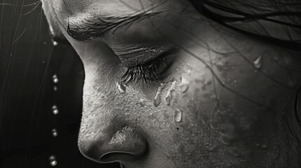 Closeup of a face with tears rolling down the cheeks generative ai