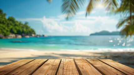 A simple wooden table sits on a beach with a blurred background. The table is blank, ready to display products or be used as an ad for traveling.