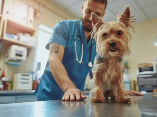 Caring Vets: Puppy Check-Up at the Animal Clinic , fiendly veterinary and examining, AI generative