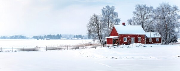 Naklejka premium Red Barn in a Snowy Winter Landscape