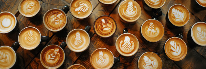 Top view of many cups of coffee with latte art on a wooden table background