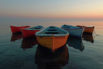 Obraz premium Serene seascape at dawn with five anchored boats gently rocking on the water